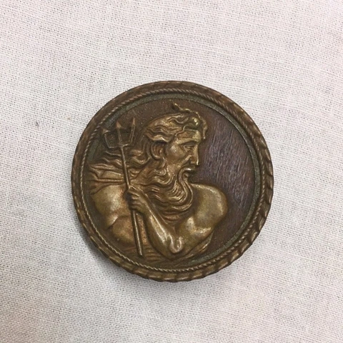Antique Large Victorian Picture Button Brass & Wood Mythology Poseidon Trident Cover