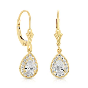 14K Real Solid Gold Pear-Cut Teardrop Halo CZ Dangle Drop Earrings Lever-back - Picture 1 of 9