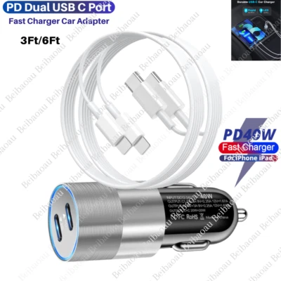 For iPhone 14 13 12 11 Pro Max Dual Type C PD Fast 40W Car Charger Adapter Cable - Image 1 of 4