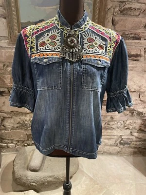 NUEVA Chaqueta Doble D Ranch Kanchipuram Denim Bordada con Cremallera Talla XS/S Foto 1 de 4