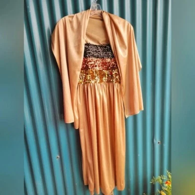 Vestido de lentejuelas vintage Charm Fashions años 70 tubo tostado tirantes de espagueti talla 8 Foto 1 de 4