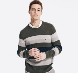 Nautica Mens Textured Striped Heather/Hunter Green Holiday Sweater Gift - Picture 1 of 5