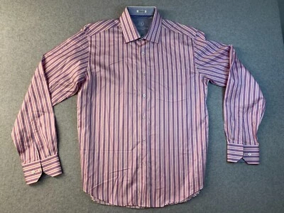 Mens Bugatchi Uomo Pink Blue White Stripe Dress Shirt Contrast Cuffs Fitted Med - Image 1 of 4