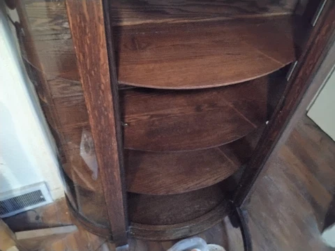 Antique China Cabinet Tiger Oak Triple Curved Glass 4 Shelf With Plate Grooves Cover