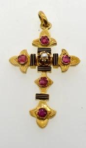 18K Yellow Gold Genuine Ruby and Pearl Cross Pendant - Picture 1 of 3