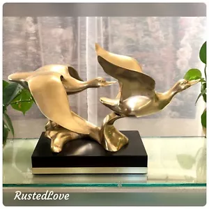 Brass Flying Ducks Mid Century Modern Statue Nautical Beach Decor on Stand - Picture 1 of 8