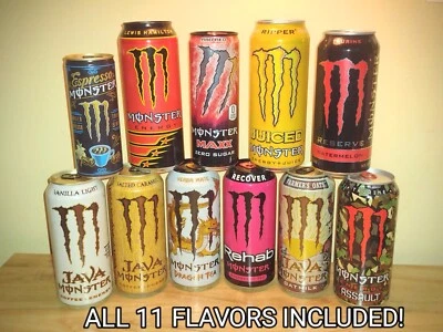 Juego de 11 raros sabores MONSTER ENERGY DESCONTINUADOS - LATAS COMPLETAS SIN ABRIR Foto 1 de 4