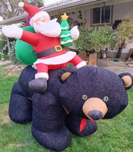 RARE Gemmy Vtge Inflatable Christmas Black Bear w Santa & Toys 6 ft Tall TESTED! - Picture 1 of 24