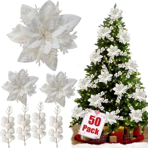 Glitter Poinsettia Christmas Ornaments, 50 Pieces Artificial Flowers with Cli... - Bild 1 von 9