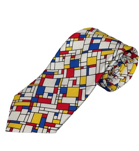 Josh Bach Krawatte Herren Seide Hergestellt in den USA Kubismus Kunst Piet Geometrisch Rot Blau - Bild 1 von 6