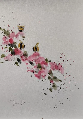 JOSE TRUJILLO Watercolor Painting Collectible ORIGINAL Flowers Bees coa - Image 1 of 4