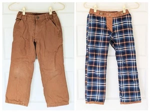 Carhartt Boys 8 Cargo Carpenter Pants Brown Adjustable Waist Flannel Line STAINS - Picture 1 of 14