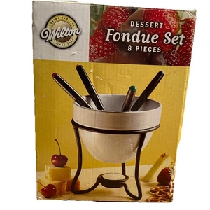 Vintage Wilton Dessertfondue Set Keramik 8-teilig (4 farbcodierte Gabeln) unbenutzt - Bild 1 von 7