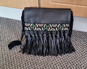NEXT * BLACK REAL LEATHER SUEDE CLUTCH BAG (BEAD & TASSEL DETAIL) MADE IN INDIA - Picture 1 of 9
