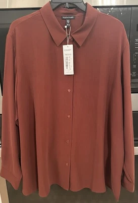 Eileen Fisher XL Silk Georgette Crepe Classic Collar Shirt NWT $278 Redwood - Image 1 of 4