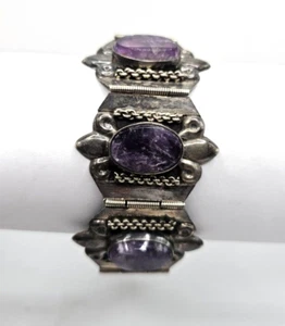 VINTAGE HECHO ALC GUADALAJARA MEXICO STERLING SILVER LINK BRACELET PURPLE STONES - Picture 1 of 19