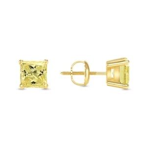 1.75 Ct Princess Canary CreatedDiamond Earring Real 14K Yellow Gold Basket Screw - Picture 1 of 3