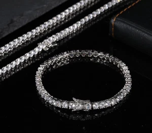 Unisex Stainless Steel 5mm 1 Row Cubic Zirconia Tennis Bracelet and Chain Set - Picture 1 of 16
