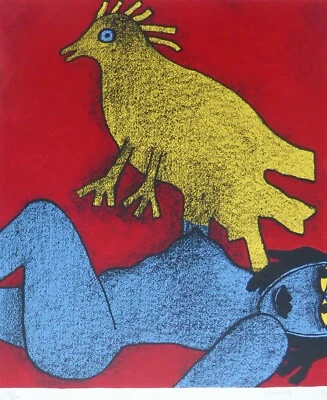 Litografía firmada a mano Corneille Magic Africaine Femme Bleue et Oiseau Jaune CoBrA Foto 1 de 4