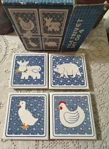Vintage Farm Animal Tile Trivets /Coasters Blue Background Farmhouse Decor - Picture 1 of 8
