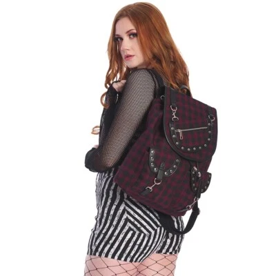Banned Alternative Rucksack Yamy Tartan Burgunder Gothic Punk Nieten yaru anime - Bild 1 von 4