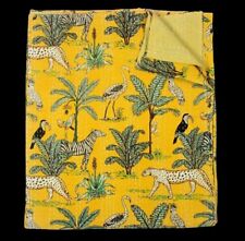 Yellow Block Jungle Print Kantha Quilt Cotton Throw Indian Handmade King Blanket