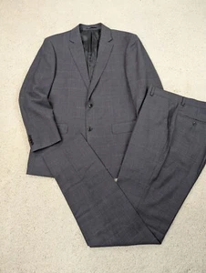 Suit Mens 40R 32x37 Gray Plaid Wool Flannel 2 Piece Jacket Pants Stretch Slim - Picture 1 of 19