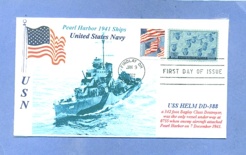 USS HELM DD-388 Pearl Harbor 1941 Ship Blue Photo,Naval, # 935 flag First Day PM Cover
