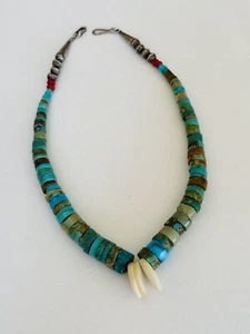 Old Pawn Navajo Jacla Türkis Koralle Heishi Scheibe Perle Sterlingsilber Halskette - Bild 1 von 11