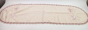 Vintage Embroidered & Crocheted Edge Light Pink & White Silky Roses Table Runner - Picture 1 of 11