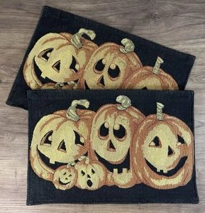 Vintage Halloween 2 Placemats Tapestry Pumpkin Jack O Lanterns Black Orange Fall - Picture 1 of 5
