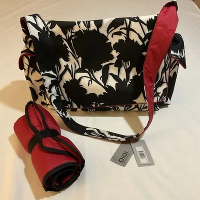 NUEVO CON ETIQUETAS DE COLECCIÓN ~ OiOi Australia ~ Bolso Mensajero de Pañales para Bebé Negro Blanco Estampado de Flores Lona Foto 1 de 4