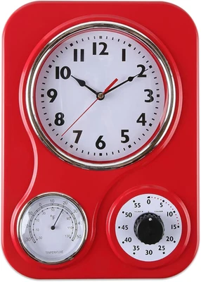 Retro Kitchen Wall Clock, with a Thermometer and 60-Minute Timer, R - Image 1 of 4