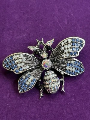 Bumble Bee Brooch Pin Silver Tone Insect Blue and Clear Rhinestones Bling Jewels - Image 1 of 3
