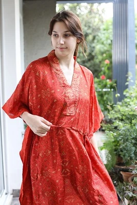 Pure Silk Kaftan Orange-Brown  Robe Dress Long Woman Gown Maxi Tunic PS KFN3033 - Image 1 of 4