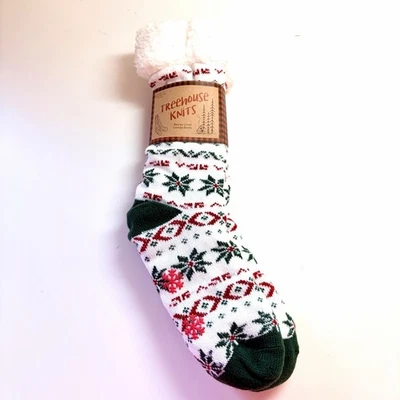 NUEVO Treehouse Knits Sherpa Forrado Calcetines de Salón Verde Rojo Blanco Fair Isle Talla 9-11 Foto 1 de 4