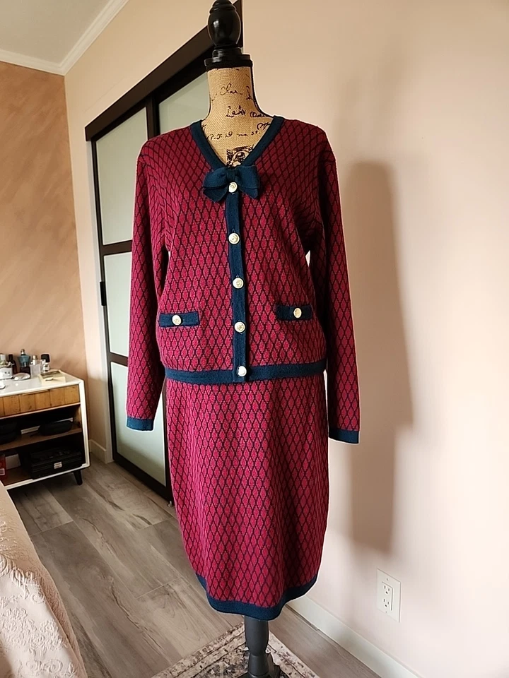 Conjunto de cardigã e saia vintage Evan suéter de malha silicone lã M verde/marrom  - Imagem 1 de 4