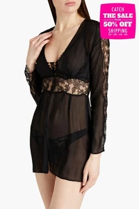 RRP €560 AGENT PROVOCATEUR Willa Silk Babydoll Gown Size 2 M See Through Black - Picture 1 of 8