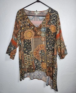 One World Womens Size 3X Brown Animal Print 3/4 Sleeve Asymmetrical Hem Tunic - Picture 1 of 4