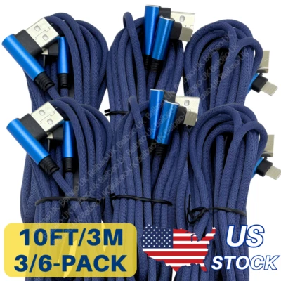 3/6Pack 90 Degree USB Charger Cable 10FT For iPhone 12 13 14 XR 8 Charging Cord - Image 1 of 4