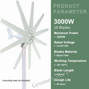 3kW 10 Blade 12/24V 48V Wind Turbine Generator Mppt Charge Controller Home Power - Picture 1 of 16