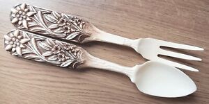 Vintage 1950s Edelweiss Flower Serving Fork And Spoon Set Made in France Kitsch