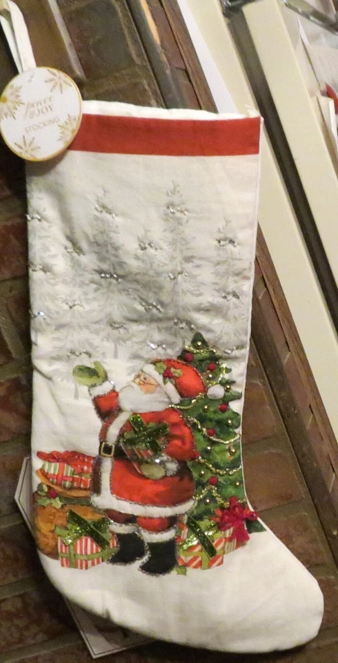 Peace & Joy Off White Old Fashioned Santa Claus Christmas Tree Stocking - NWTS