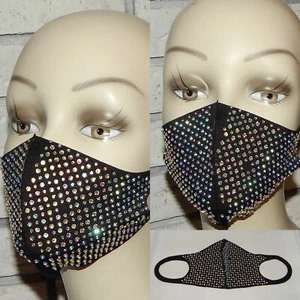 SPARKLE BLING CLEAR & MORE BEADS ON BLACK WASHABLE STRETCH FACE MASK INDIANA - Picture 1 of 1