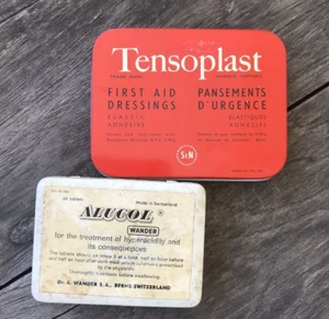 Set of 2 Vintage Tensoplast First Aid Dressing & Alucol Tablets Pill Tin Box - Picture 1 of 4