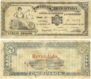 Mexico, 5 Pesos, Estado de Durango, Agosto 1915, Series A, S/N 53173, S-746b - Picture 1 of 1