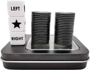 Links Rechts Mitte Würfelspiel Prime Set mit 3 Würfeln + 40 Chips. Links am Produkt - Bild 1 von 8