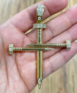 Nail Cross 14K Yellow Gold Solid Approx 45 Grams Set With Round Diamonds 2.00ctw - Foto 1 di 6