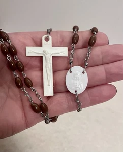 Catholic Rosary Brown Beads, White Crucifix 24” - Picture 1 of 3