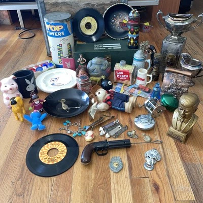 Junk Drawer Lot Box 22+ LBs Toys Coin Banks silver Plate Records Jewelry Vintage - Image 1 of 4